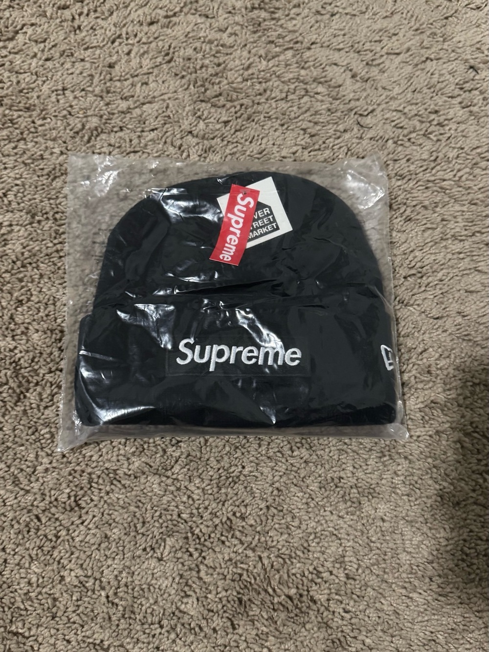 Supreme Black Beanie with White Embroidered Logo